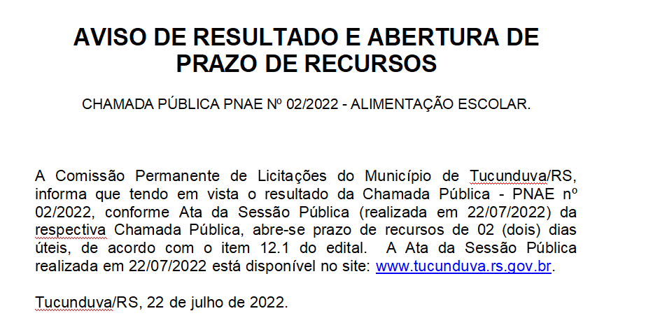 AVISO DE RESULTADO E ABERTURA DE PRAZO DE RECURSOS - CHAMADA PÚBLICA PNAE Nº 02_2022 ALIMENTAÇÃO ESCOLAR.